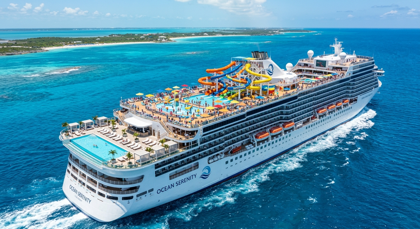 אוניית קרוז מפוארת בשם Ocean Serenity עם מגלשות מים צבעוניות ובריכות שטה במי טורקיז לעבר אי טרופי